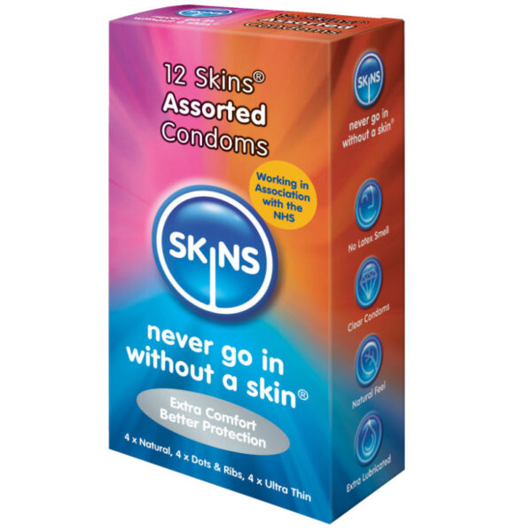 Skins – Preservativos Natural + Fino + Puntos & Estrias 12 Uds