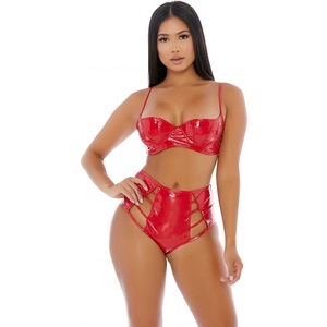 Conjunto DE Lencería DE Vinilo Con Trenzado Rojo