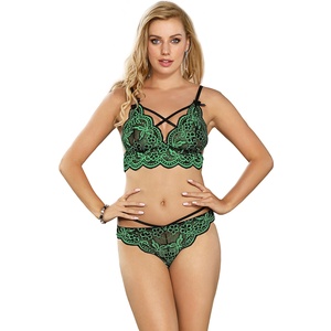 Conjunto Sujetador Y Braguitas Con Cordones Cruzados Y Diseño Bordado Verde