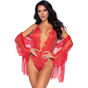 Leg Avenue – Body Floral Lace Teddy & Robe – Rojo