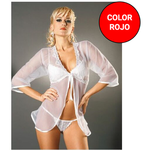 Sensual Bata Sexy DE Microtul Semitransparente Con Apertura Delantera Y Lazo Con Detalle DE Puntilla Rojo