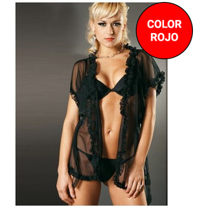 Sensual Bata Sexy DE Microtul Tipo Camisola Con Apertura Delantera Y Volantes Plisados Rojo