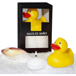 Set DE Sales DE Baño Coco 150 Gr. Con Pato Bañera. Vela Aromatica Y Concha