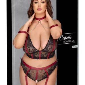 Conjunto Curvy Bondage Plus con Sujetador Longline, Tanga Abierto, Collar y Muñequeras – Cottelli