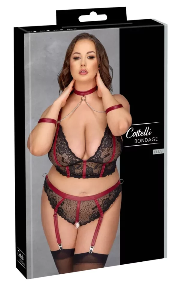 Conjunto Curvy Bondage Plus con Sujetador Longline, Tanga Abierto, Collar y Muñequeras – Cottelli