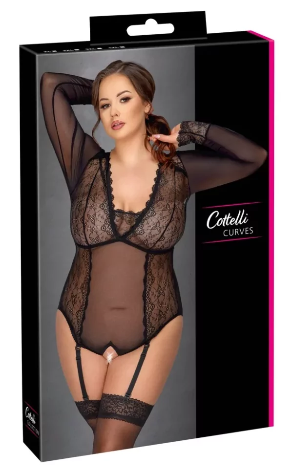 Body Curvy Transparente con Mangas Largas y Liguero Desmontable – Cottelli Curves