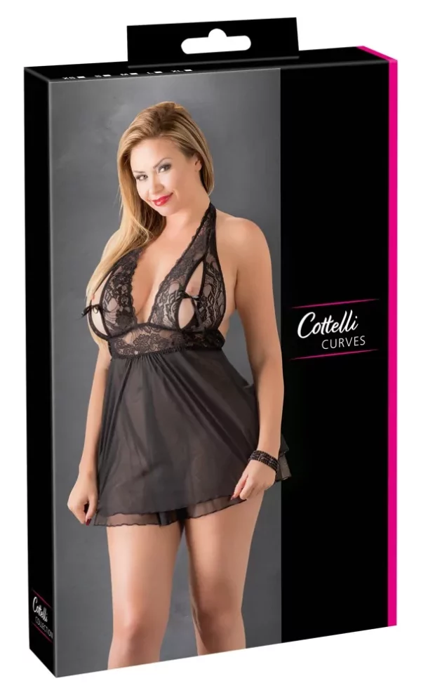 COTTELLI Curvy Babydoll negro halter con encaje y falda acampanada - Imagen 5