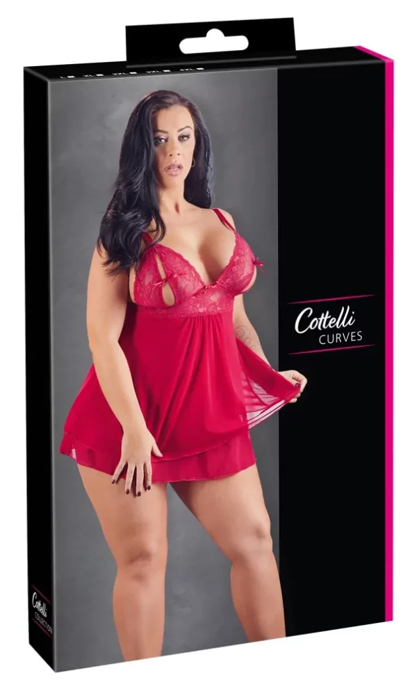 Curvy Cottelli Babydoll rojo rosado con encaje y falda de doble capa - Imagen 2
