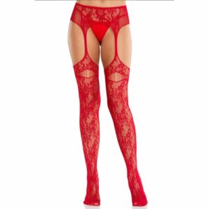 Leg Avenue – Medias de Encaje con Liguero Rojo